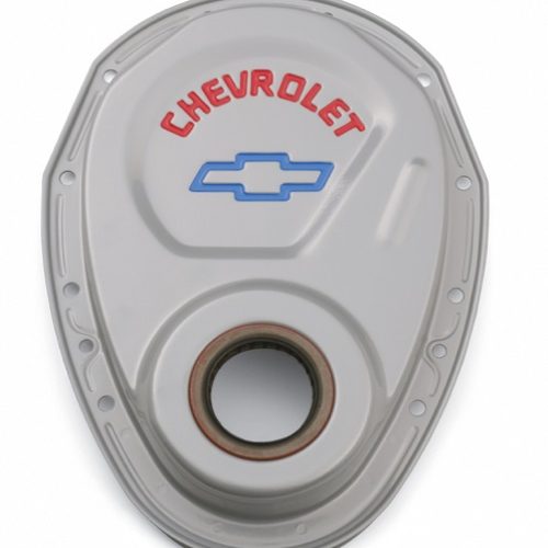 STEEL TIMING COVER, SBC       GREY WITH RED & BLUE EMBLEM