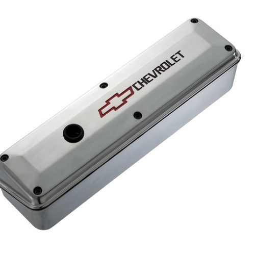 2-PIECE VALVE COVERS, SBC TALLPOLISHED, RED & BLACK EMBLEM