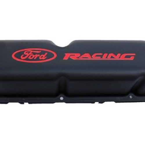 FORD RACING VALVE COVERS, SBF BLACK STEEL WITH RED EMBLEM