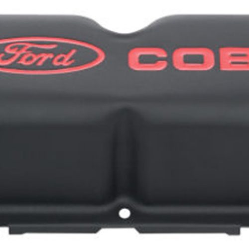 FORD COBRA VALVE COVERS, SBF  BLACK STEEL WITH RED EMBLEM