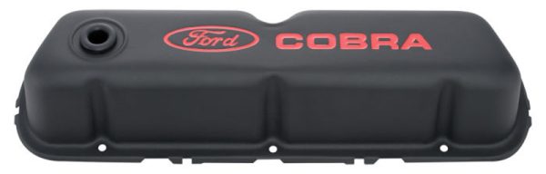 FORD COBRA VALVE COVERS, SBF  BLACK STEEL WITH RED EMBLEM