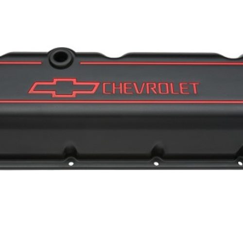 CAST VALVE COVERS, BBC TALL   BLACK CRINKLE, RED EMBLEM