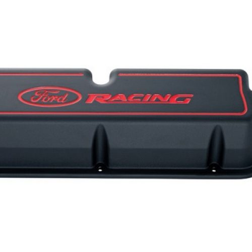 FORD RACING VALVE COVERS, SBF BLACK CRINKLE WITH RED EMBLEM