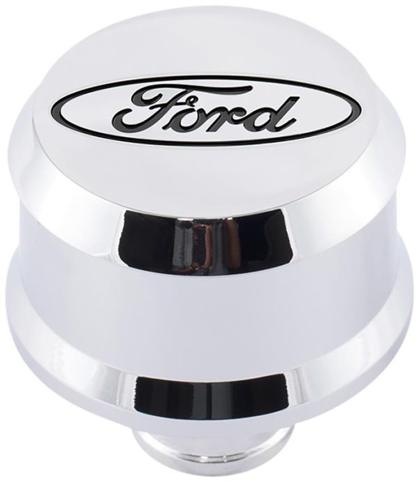 SLANT EDGE BREATHER CAP, FORD CHROME, RECESSED BLACK EMBLEM