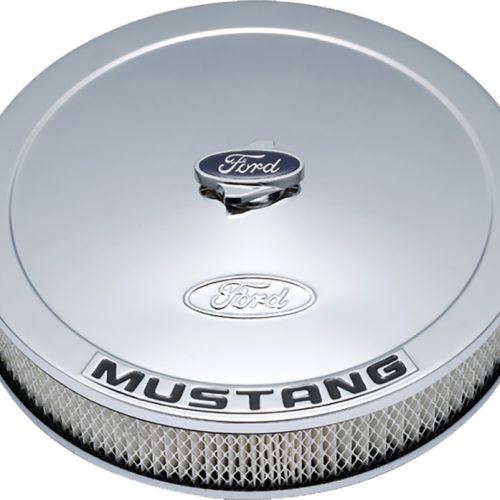 MUSTANG AIR CLEANER CHROME    BLACK EMBLEMS 13″ X 2-5/8