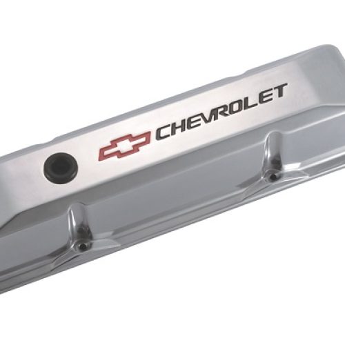 CAST VALVE COVERS, SBC TALL   POLISHED, RED & BLACK EMBLEM