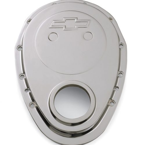 CAST ALLOY TIMING COVER, SBC  CHROME, EMBOSSED BOWTIE