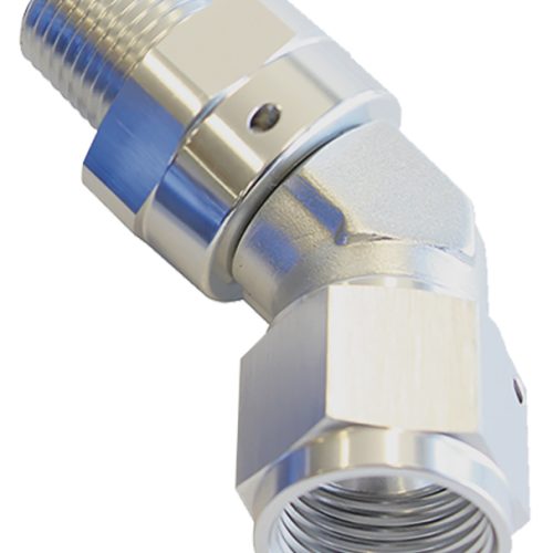 45 DEG 1/4″ NPT TO -8AN FEMALESILVER FULL SWIVEL FITTING