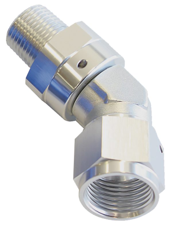 45 DEG 1/4" NPT TO -8AN FEMALESILVER FULL SWIVEL FITTING