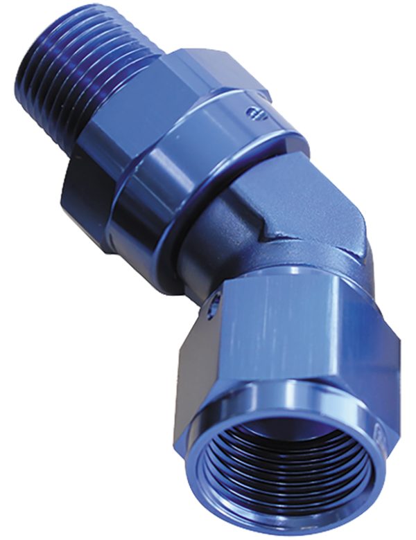 45 DEG 1/2 NPT TO -10AN FEMALEBLUE FULL SWIVEL FITTING