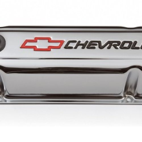 CHROME VALVE COVERS, SBC TALL BLACK LETTERING, RED BOWTIE