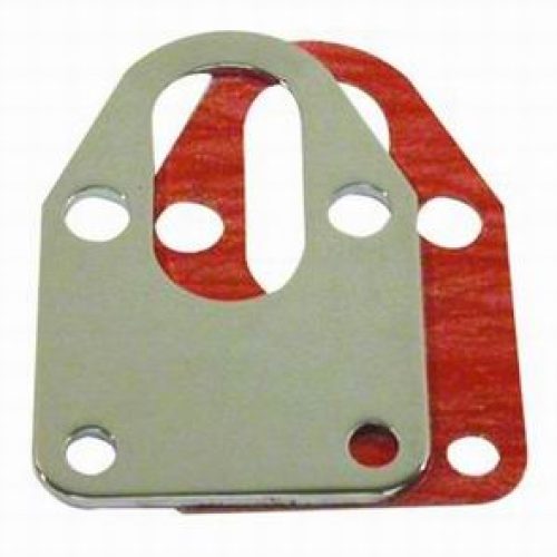 SBC FUEL PUMP MOUNTING PLATE  CHROME STEEL FINISH GASKET INC