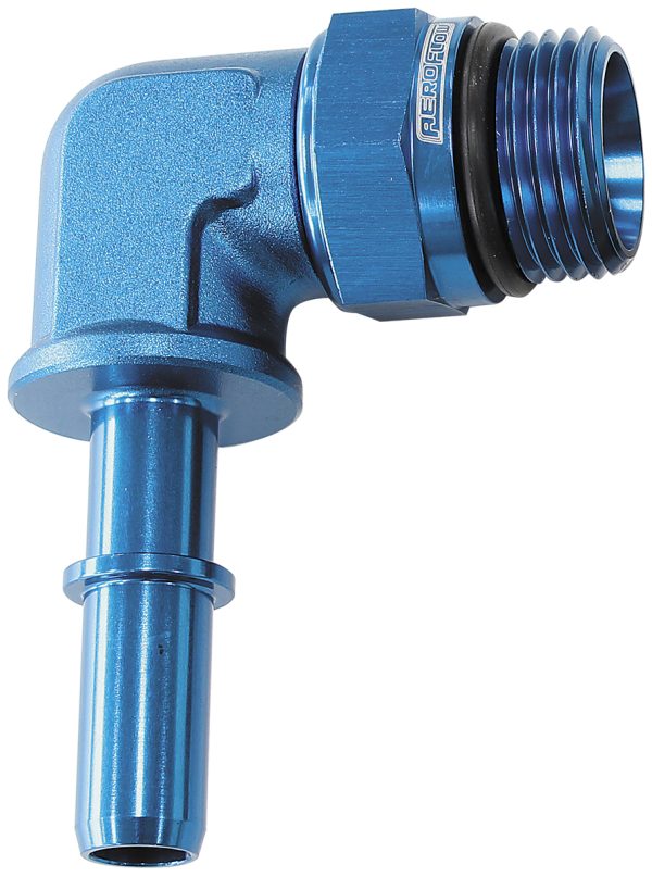 EFI FUEL FITTING 90 DEG 5/16  PUSH ON BARB TO -8ORB BLUE