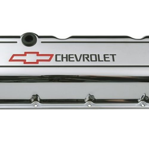 CAST VALVE COVERS, BBC TALL   CHROME WITH RED & BLACK EMBLEM