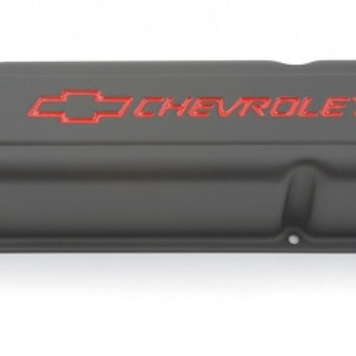STEEL VALVE COVERS, SBC TALL  BLACK CRINKLE, RED EMBLEM