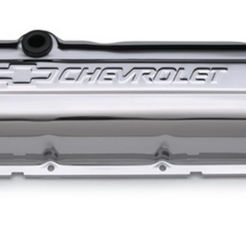 CHROME VALVE COVERS, BBC SHORTEMBOSSED BOWTIE & CHEVROLET