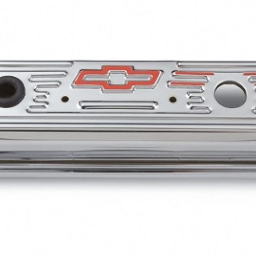 CHROME VALVE COVERS, SBC SHORTCENTRE BOLT, RED BOWTIE