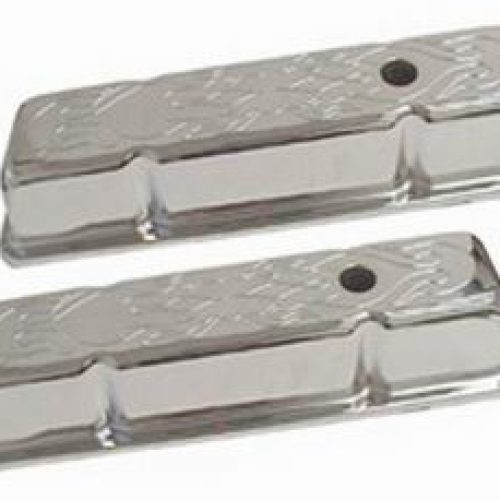 SB CHEV FLAMED VALVE COVERS   CHROME STEEL TALL