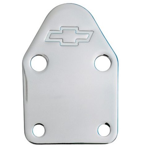 FUEL PUMP BLOCK OFF PLATE, SBCCHROME, EMBOSSED BOWTIE