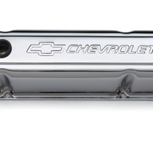 CHROME VALVE COVERS, SBC TALL EMBOSSED BOWTIE & CHEVROLET