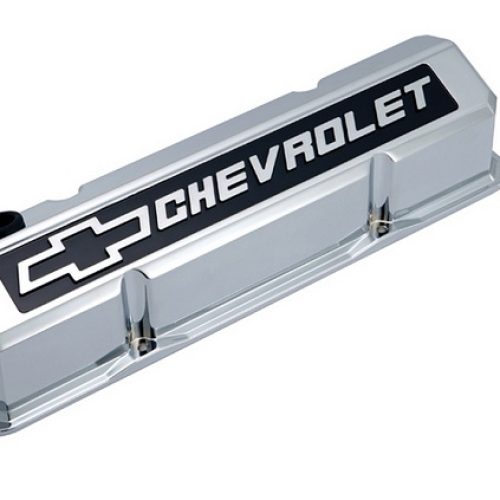 SLANT EDGE VALVE COVERS, SBC  CHROME, RAISED EMBLEM ON BLACK