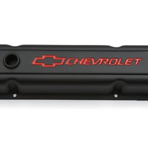 STEEL VALVE COVERS, SBC SHORT BLACK CRINKLE, RED EMBLEM