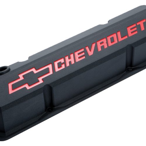 SLANT EDGE VALVE COVERS, SBC  BLACK CRINKLE WITH RED EMBLEM