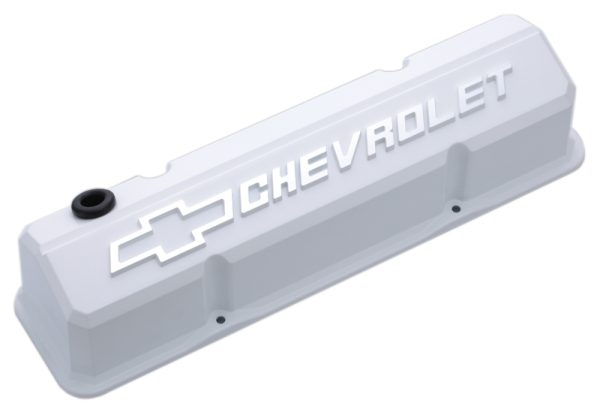 SLANT EDGE VALVE COVERS, SBC  WHITE, RAISED & MILLED EMBLEM