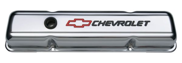 STEEL VALVE COVERS, SBC SHORT CHROME WITH RED & BLACK EMBLEM