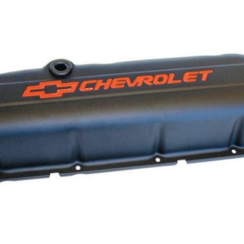 STEEL VALVE COVERS, BBC TALL  BLACK CRINKLE, RED EMBLEM
