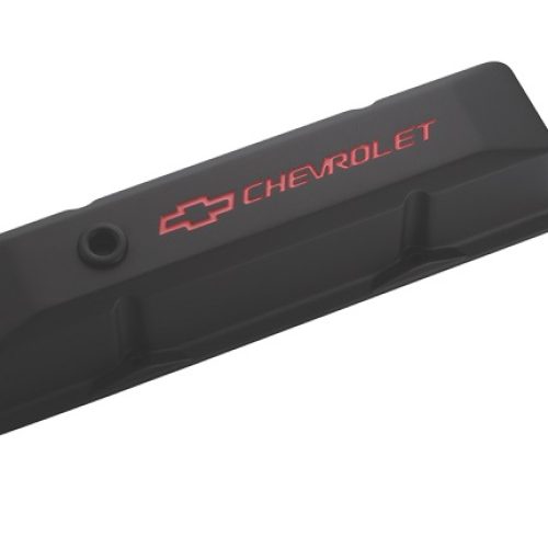 CAST VALVE COVERS, SBC TALL   BLACK CRINKLE WITH RED EMBLEM