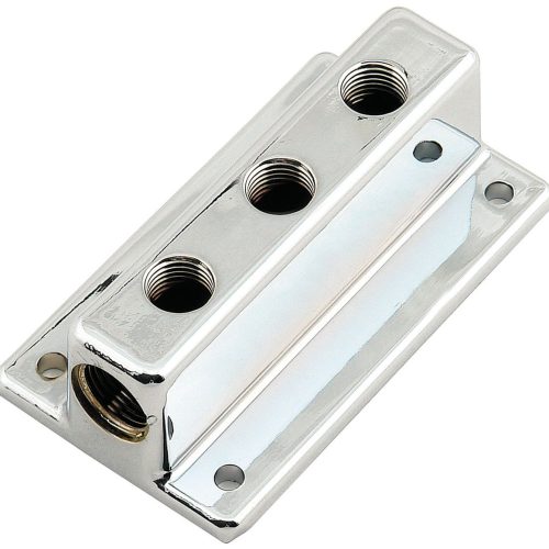 TRIPLE OUTLET FUEL BLOCK      1x 3/8NPT IN, 3×1/4NPT, CHROME