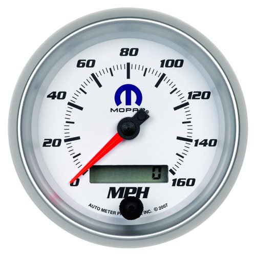 3-3/8″ ELECT SPEEDO 160MPH    BLUE MOPAR LOGO, WHITE FACE
