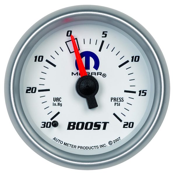 2-1/16" MECH BOOST/VAC 30PSI  BLUE MOPAR LOGO, WHITE FACE