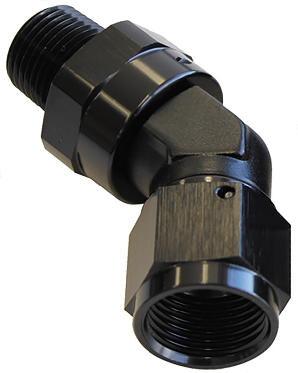 45 DEG 1/8" NPT TO -3AN FEMALEBLACK FULL SWIVEL FITTING