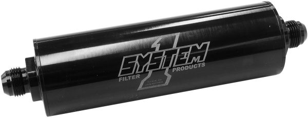 BLACK LONG INLINE BILLET FUEL FILTER -8 END 9"L 2"DIA 35 MIC