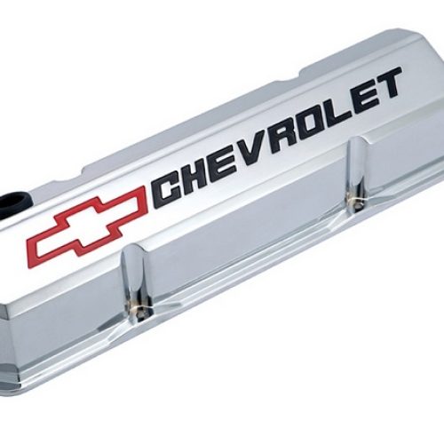 SLANT EDGE VALVE COVERS, SBC  CHROME WITH RED & BLACK EMBLEM