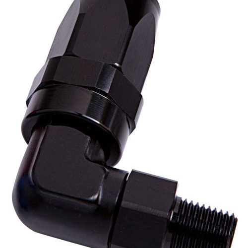 MALE 3/8″ NPT 90 DEG TO -10AN BLACK FULL SWIVEL 90 DEG