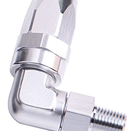 MALE 3/8″ NPT 90 DEG TO -10AN SILVER FULL SWIVEL 90 DEG