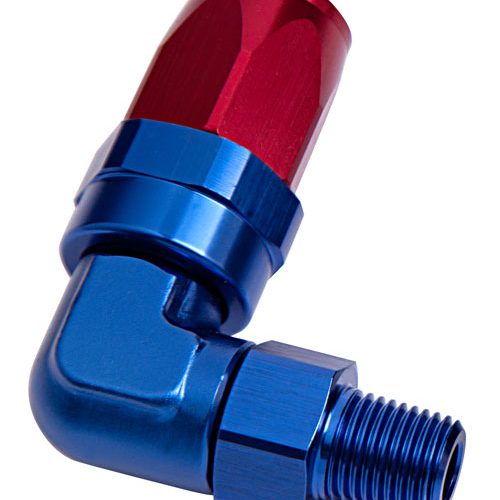 MALE 1/4″ NPT 90 DEG TO -6AN  BLUE FULL SWIVEL 90 DEG