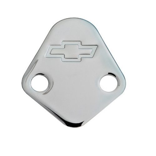 FUEL PUMP BLOCK OFF PLATE, BBCCHROME, EMBOSSED BOWTIE