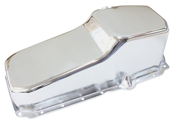 STOCK OIL PAN SBC LATE '86 ON RH/SIDE DIPSTICK CHROME