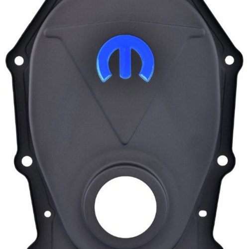 MOPAR BIG BLOCK TIMING COVER  BLACK CRINKLE OMEGA “M” EMBLEM