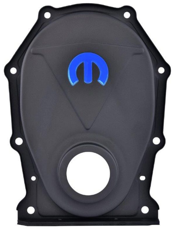 MOPAR BIG BLOCK TIMING COVER  BLACK CRINKLE OMEGA "M" EMBLEM