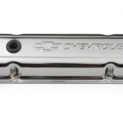 CHROME VALVE COVERS, SBC SHORTEMBOSSED BOWTE & CHEVROLET