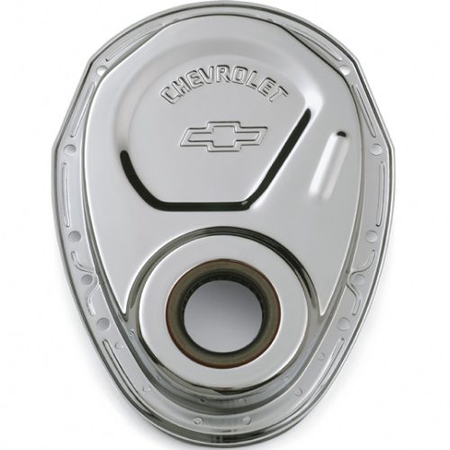 CHROME TIMING COVER, SBC      EMBOSSED BOWTIE & CHEVROLET
