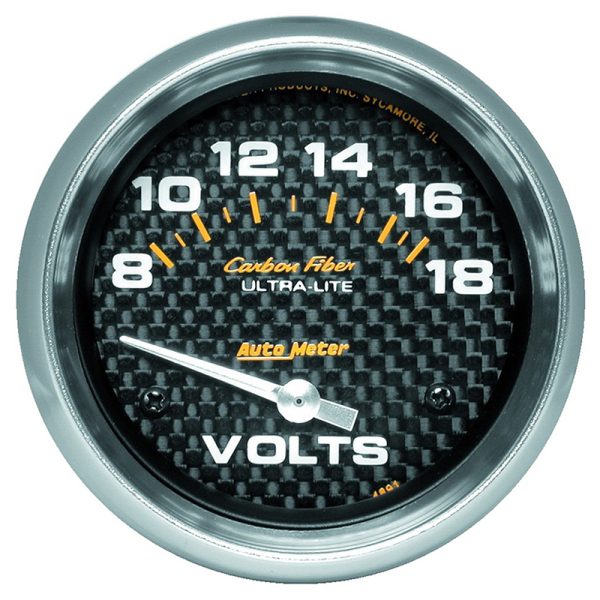 CARBON FIBER 2-5/8" VOLTMETER 8-18 VOLTS, SHORT SWEEP ELECT.
