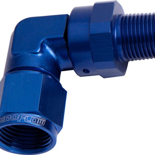 90 DEG 3/8″ NPT TO -6AN       BLUE FEMALE SWIVEL NUT