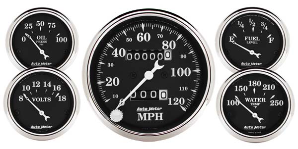 OLD TYME BLACK 5-PCE GAUGE KITWITH 120MPH MECHANICAL SPEEDO
