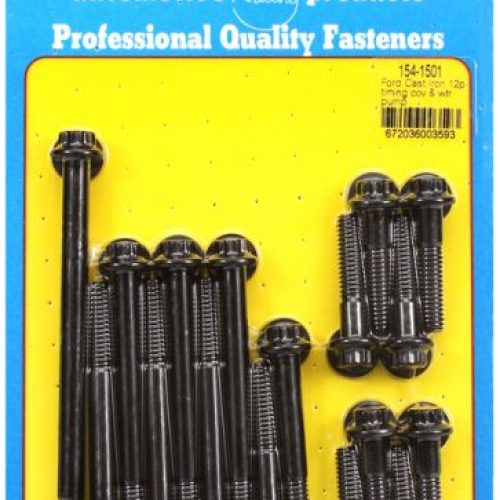 SB FORD 289 302W IRON TIMING COVER W/PUMP BOLT KIT BLK 12PT